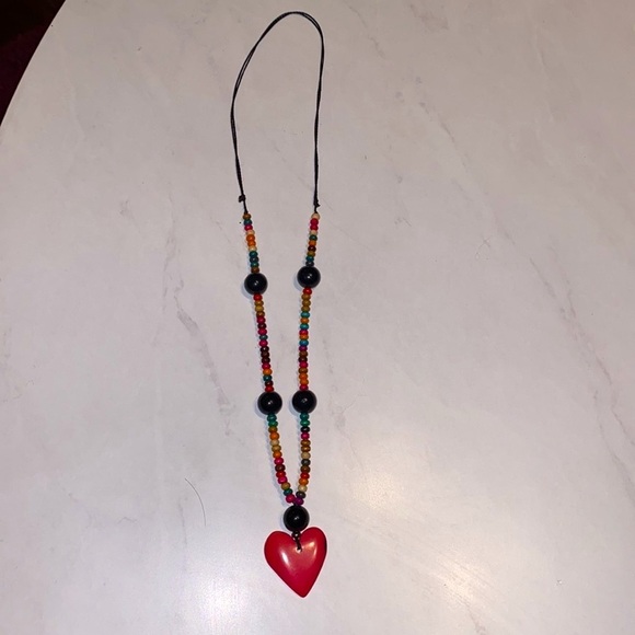 Heart charm fuchsia pink with multi-color beads vintage necklace adjustable​​ - Picture 2 of 5